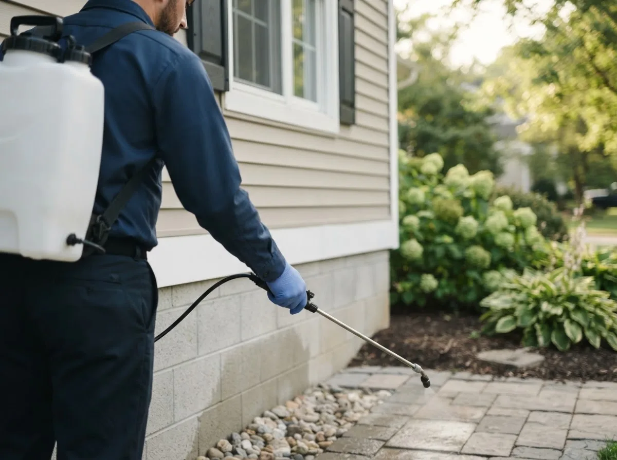 Pest control technician inspecting a home in Chicora, PA